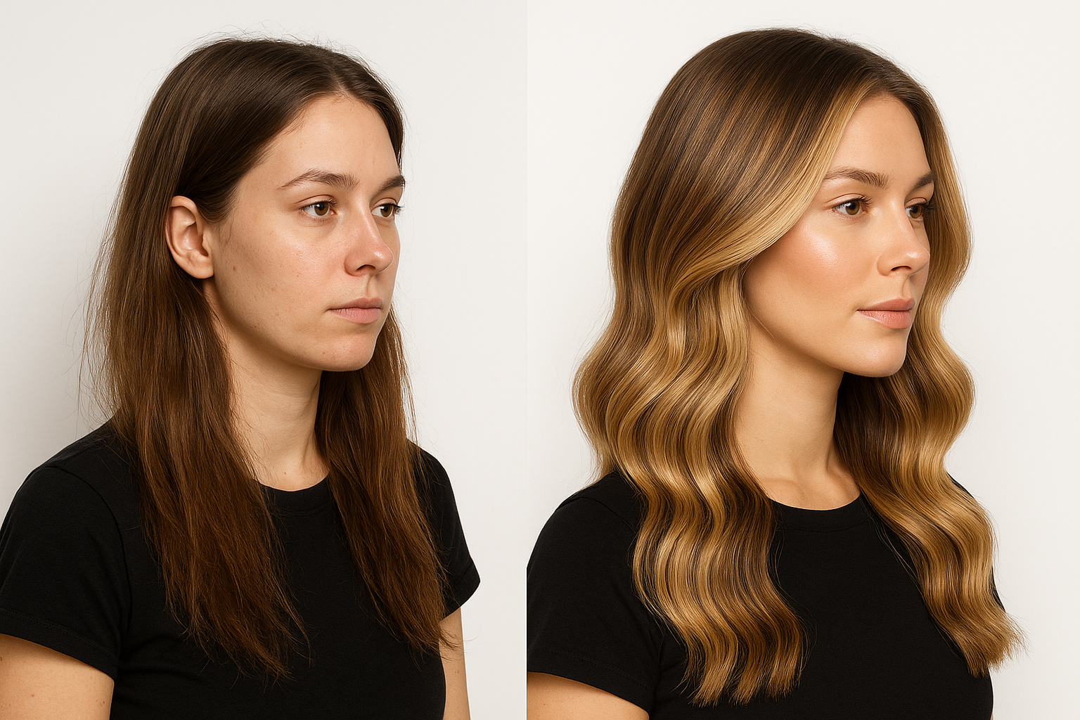 Transformation capillaire : avant cheveux bruns ternes, après balayage miel lumineux et sain