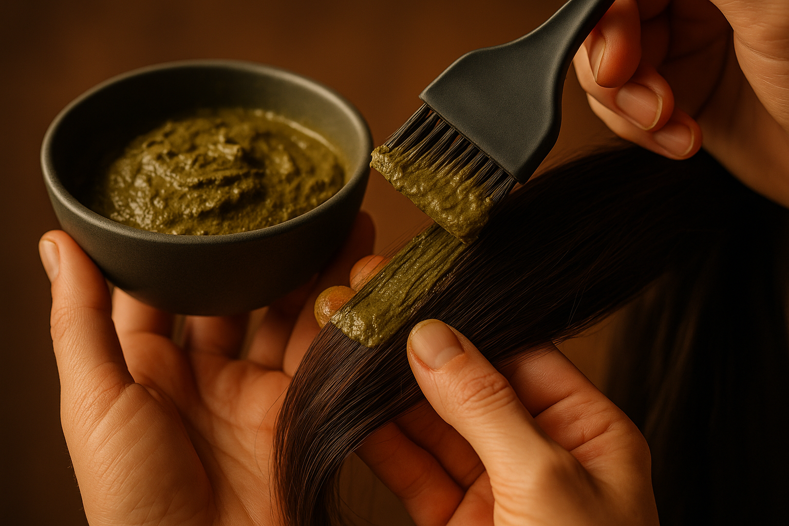 Mains appliquant une coloration végétale au pinceau, bol de teinture naturelle visible