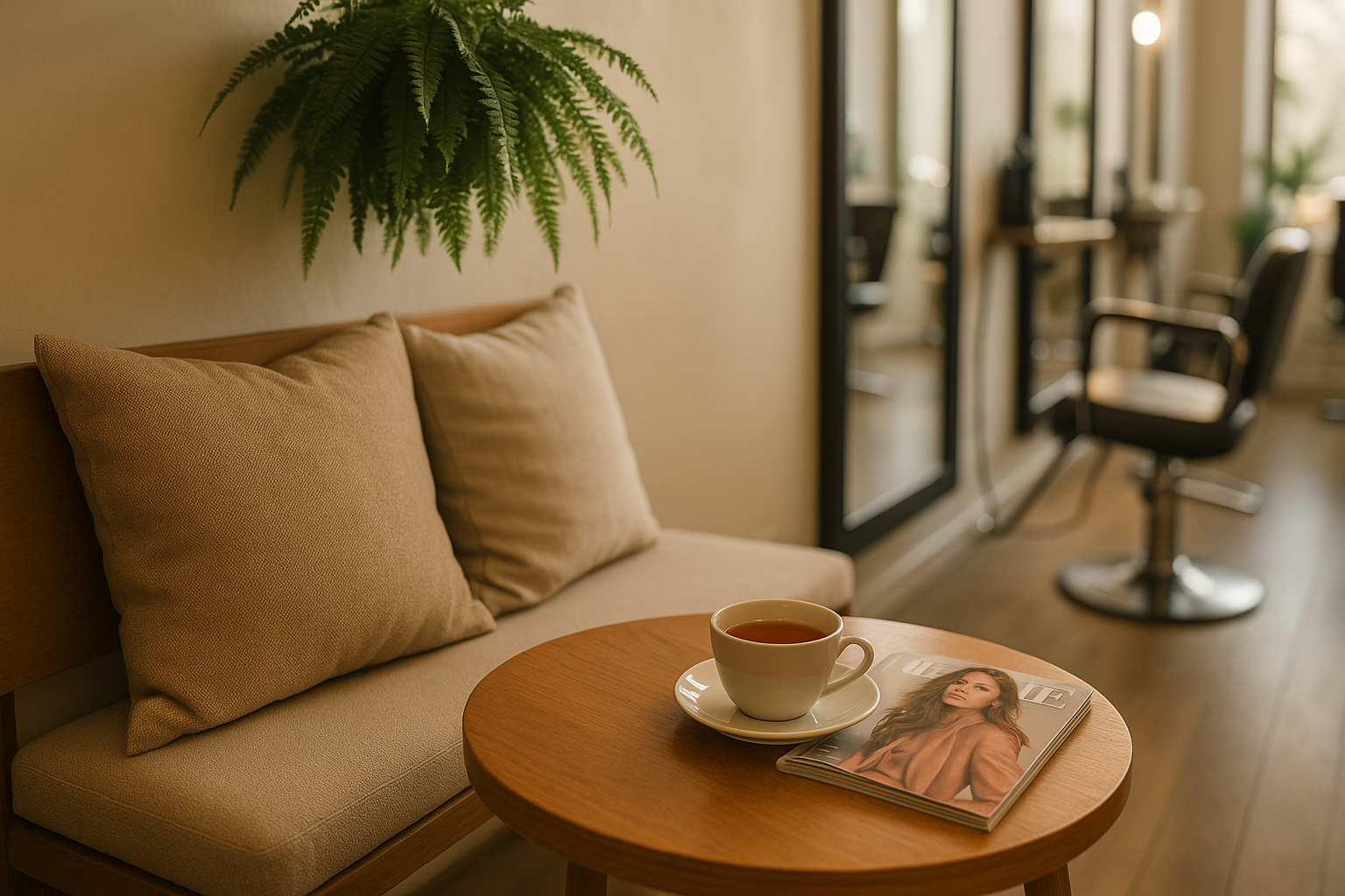 Espace attente cosy du Salon Emma : table en bois, tasse de thé, fougère suspendue