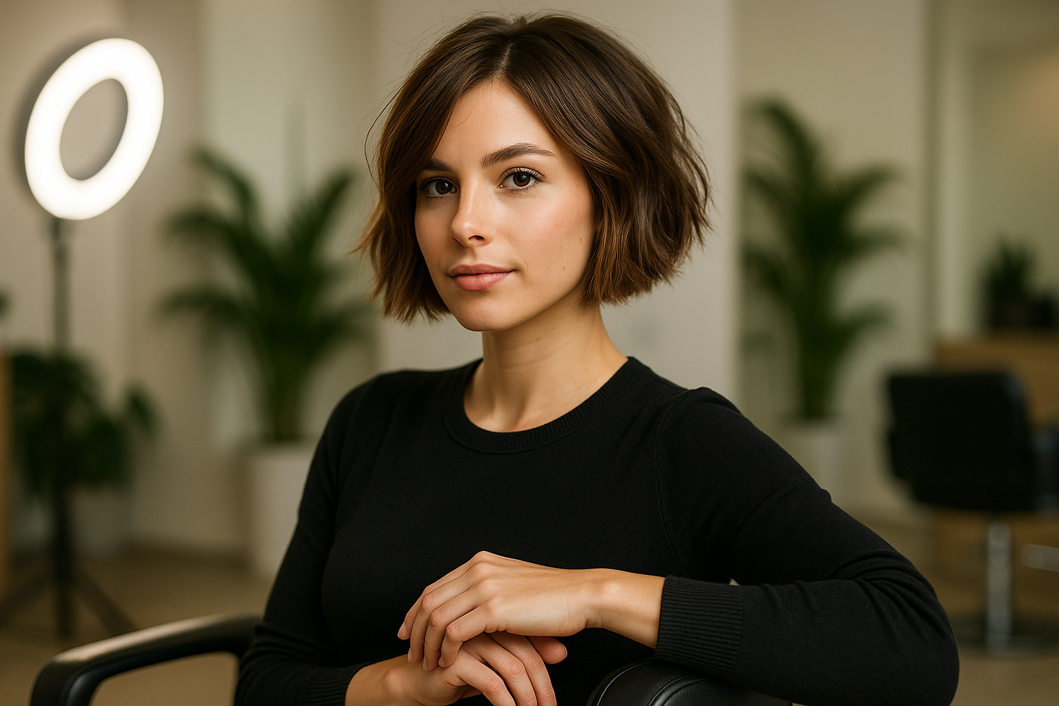 Jeune femme avec un carré texturé moderne, assise dans un fauteuil du Salon Emma