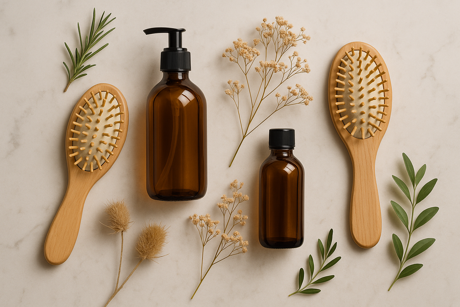 Produits capillaires naturels : flacons en verre ambré, brosses en bois, fleurs séchées